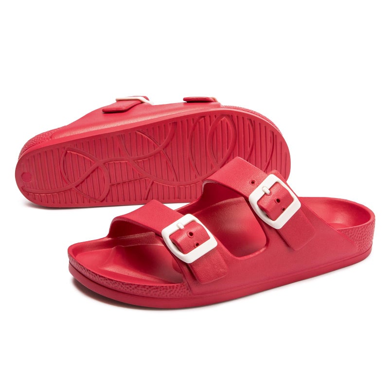 FUNKYMONKEY Women's Comfort Slides, Adjustable Double Buckle with Arch Support EVA Non-Slip Flat Sandals for Vacation & Daily Wear (6 M US-Women, Red) - Image 4